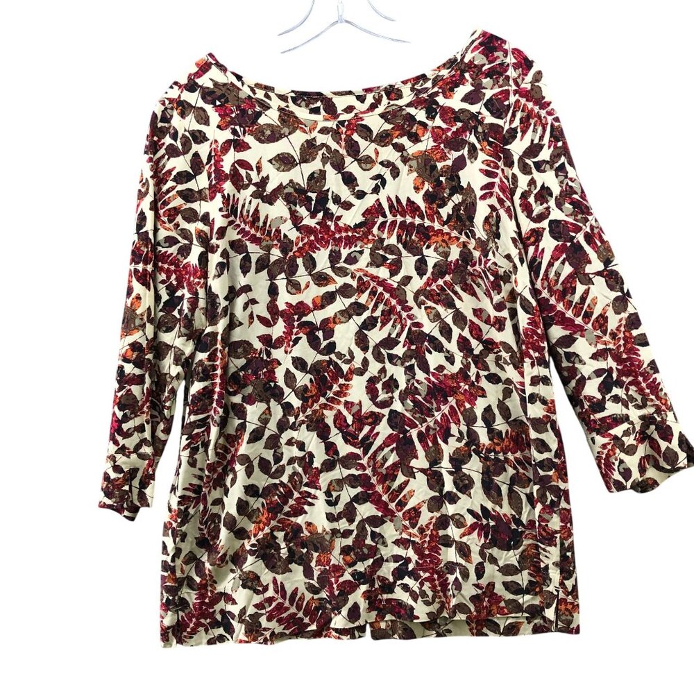 J. Jill Fall Leaf Print Top Womens S Boat Neck Rayon Beige Brown Red 3/4 Sleeve